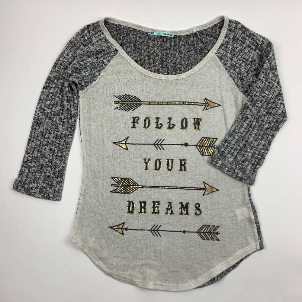 Maurices Sweater Womens Medium Round Neck Quarter Sleeve Cream Gray Gold